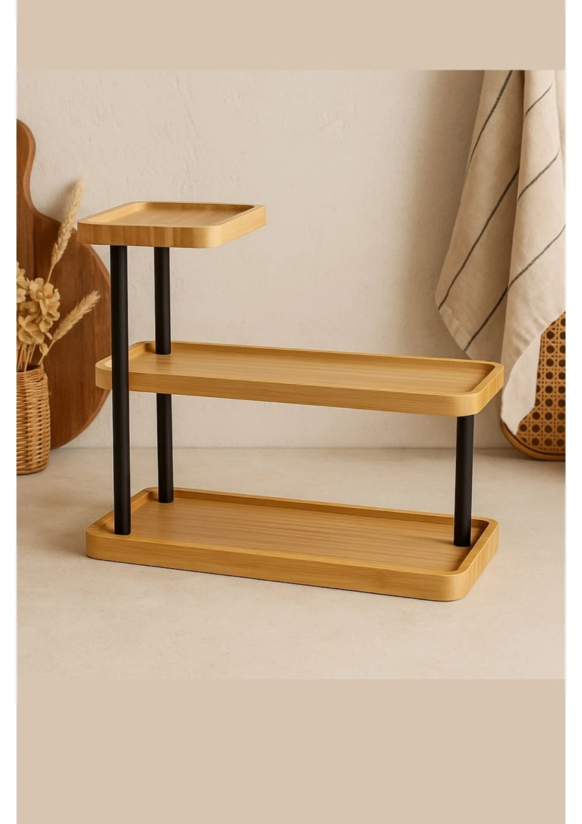3 Katlı Bambu Düzenleyici Raf | Metal Ayaklı Şık ve Dayanıklı Baharatlık Sunum Stand 32,5 cm